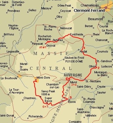 Routekaart trektocht Auvergne