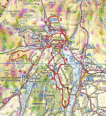 Kaart met routes van dagtochten